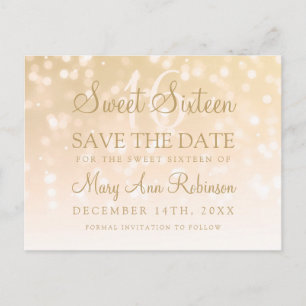 Sweet 16 Save the Date Gold Bokeh Sparkle Lights Ankündigungspostkarte
