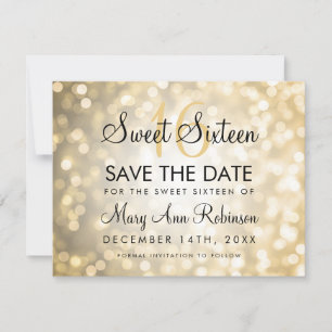 Sweet 16 Save the Date Gold Glitzer Lights
