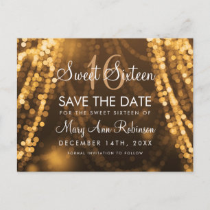 Sweet 16 "Save the Date" Gold String Lights Ankündigungspostkarte