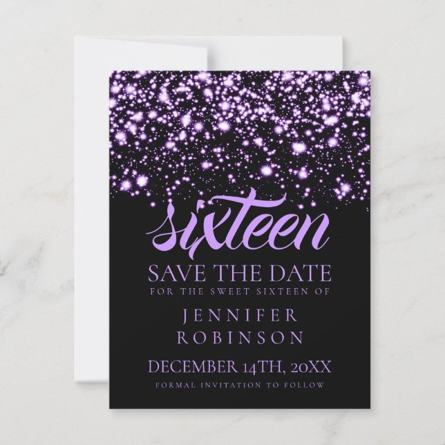 Sweet 16 "Save the Date" Lila Midnight Glam Save The Date (Vorderseite)
