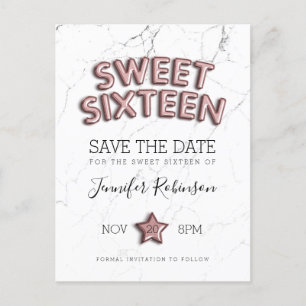 Sweet 16 Save the Date Rose Gold Balloons Glitzer Ankündigungspostkarte