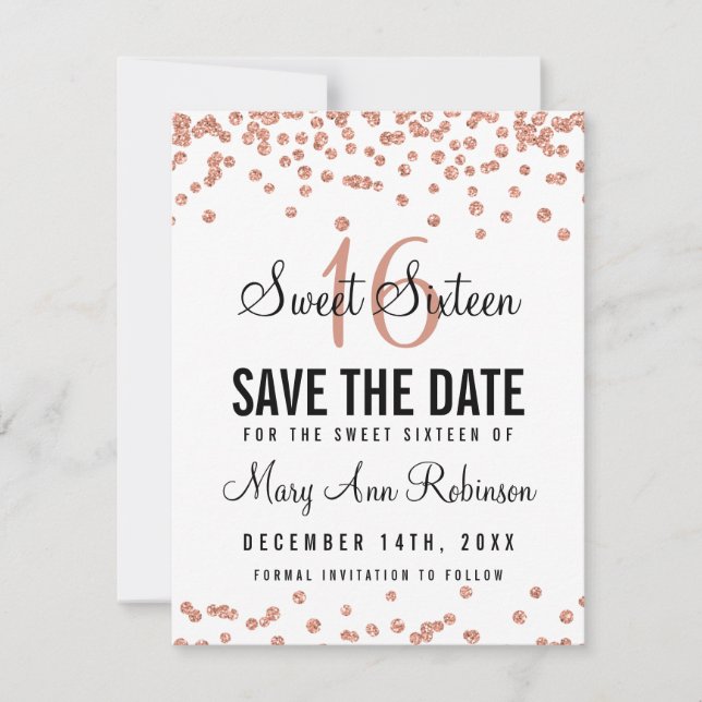 Sweet 16 Save the Date Rose Gold Glitzer Confetti (Vorderseite)