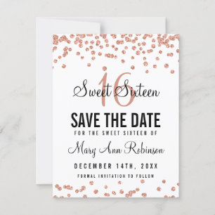 Sweet 16 Save the Date Rose Gold Glitzer Confetti