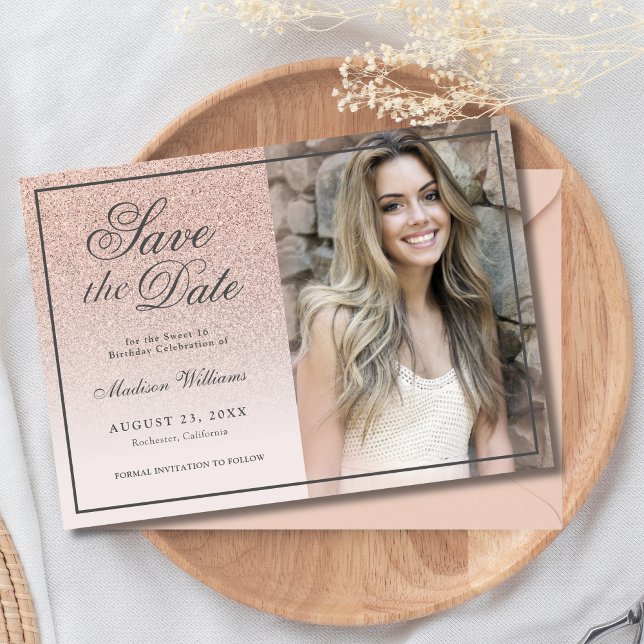 Sweet 16 Save the Date Rose Gold Glitzer Foto (Von Creator hochgeladen)