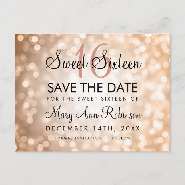 Sweet 16 Save the Date Rose Gold Glitzer Lights Ankündigungspostkarte (Vorderseite)