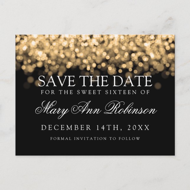 Sweet 16 Save the Date schimmernde Goldlichter Ankündigungspostkarte (Vorderseite)
