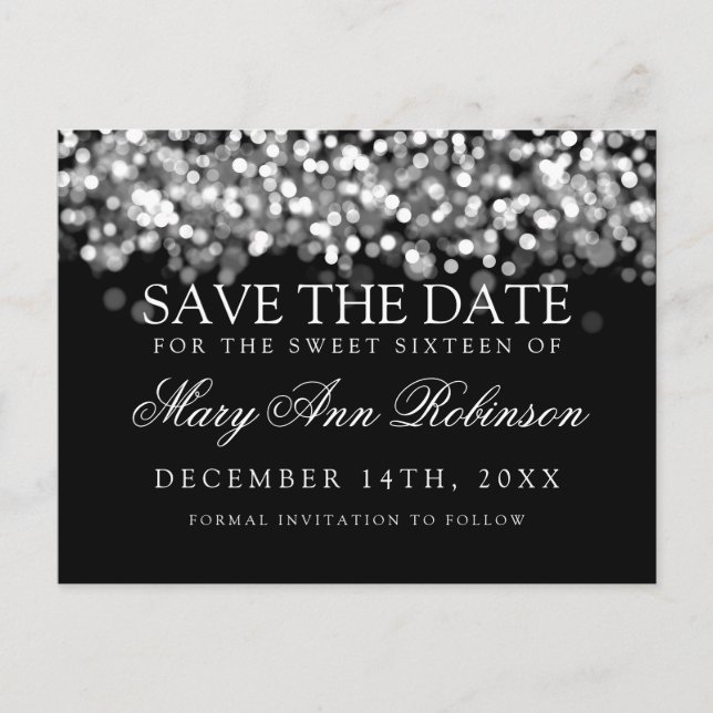 Sweet 16 Save the Date schimmernde Silberleuchten Ankündigungspostkarte (Vorderseite)