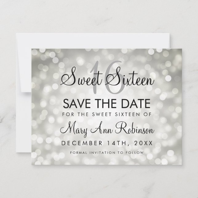 Sweet 16 Save the Date Silver Glitzer Lights (Vorderseite)