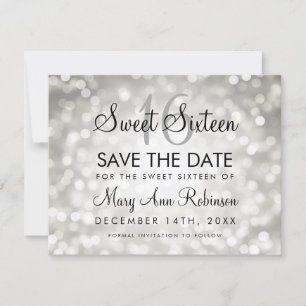 Sweet 16 Save the Date Silver Glitzer Lights