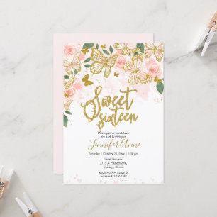 Sweet 16 Schmetterling Einladung Blush Bloral Gold
