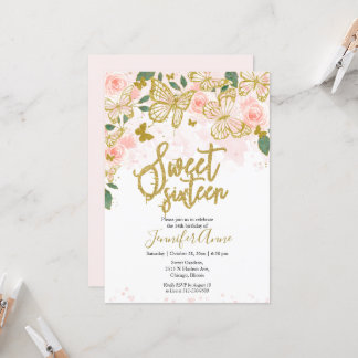 Sweet 16 Schmetterling Einladung Blush Bloral Gold