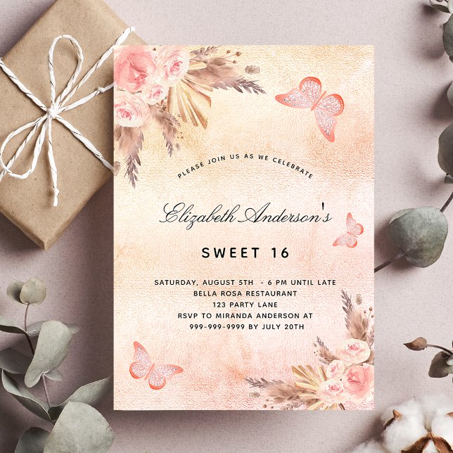 Sweet 16 Schmetterling Pampas Gras Blush Einladung (Von Creator hochgeladen)