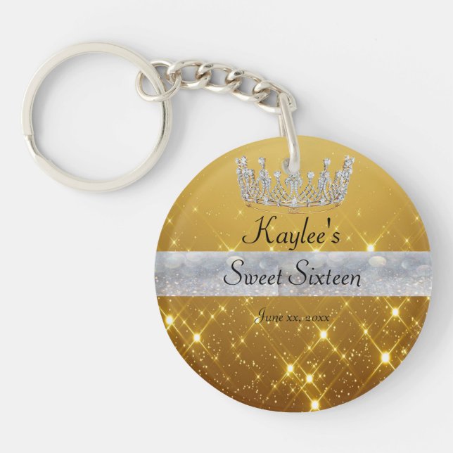 Sweet 16 Schönes Gold Satin Silver Bokeh Banner Schlüsselanhänger (Vorderseite)