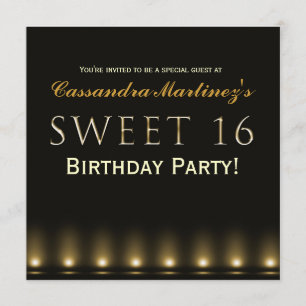 SWEET 16 Schwarz Gold Hollywood-Party-Einladung Einladung