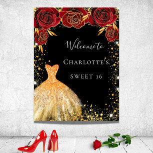 Sweet 16 Schwarz Gold Kleid Rot Blumenempfang Poster