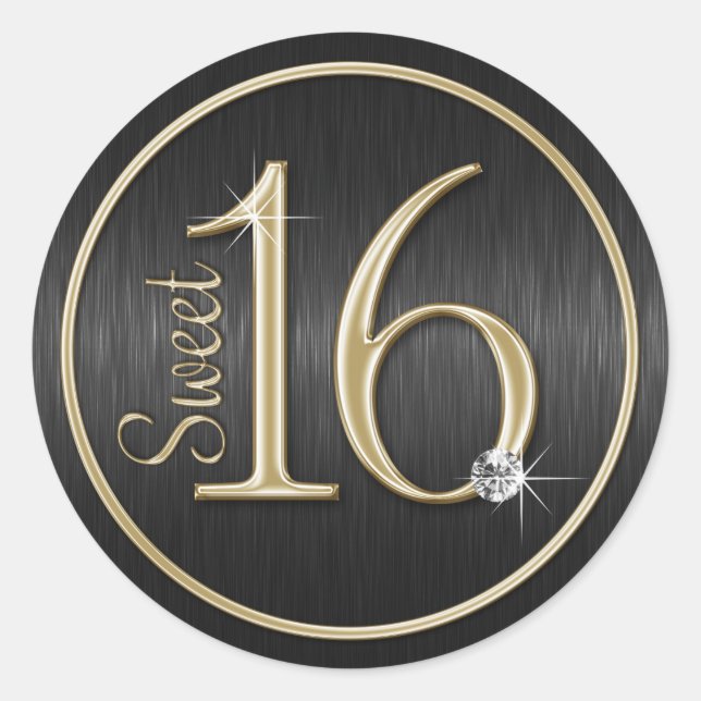 Sweet 16 Schwarz/Gold-Umschlag Aufkleber-Stickers Runder Aufkleber (Vorderseite)