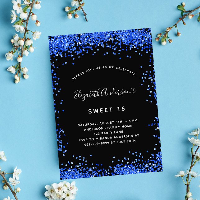 Sweet 16 schwarz königsblaue Glitzern Luxus Einladung (Von Creator hochgeladen)