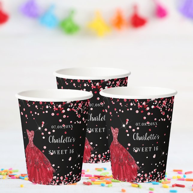 Sweet 16 schwarz rotes Kleid Konfetti Name Pappbecher (Von Creator hochgeladen)