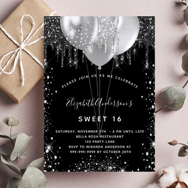 Sweet 16 Schwarz-Silber-Glitzer-Ballons Einladungspostkarte (Von Creator hochgeladen)