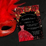 Sweet 16 Schwarze Glitzern kleiden Blumenmuster Einladung<br><div class="desc">Eine moderne,  stilvolle und glamouröse Einladung zu einer Sweet 16. Geburtstagsfeier. Schwarzer Hintergrund mit roten Imitaten Glitzern,  Kleid und rote Rosen,  Blumenmuster. Der Name ist mit einem modernen handgeschriebenen Stilskript geschrieben. Personalisieren Sie Ihre Party-Daten und fügen Sie sie hinzu.</div>
