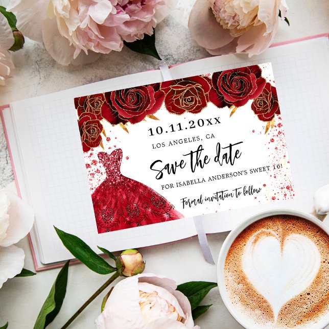 Sweet 16 schwarze goldene Kleiderfloralen glamourö Save The Date (Von Creator hochgeladen)