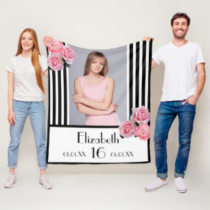 Sweet 16 schwarze Streifen rosa Foto Fleecedecke