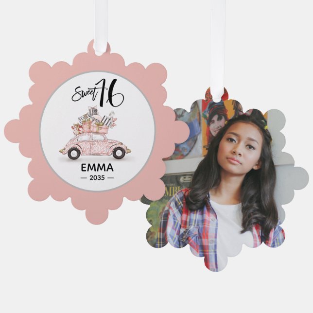 Sweet 16 Script Car Photo Snowflake Ornament Karte (Vorderseite/Rückseite)
