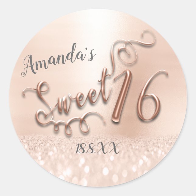 Sweet 16. Script Metallic Glitzer Rose Gold Girly Runder Aufkleber (Vorderseite)