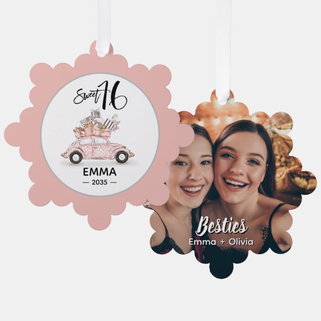 Sweet 16 Script Photo Bestie Snowflake Ornament (Vorderseite/Rückseite)