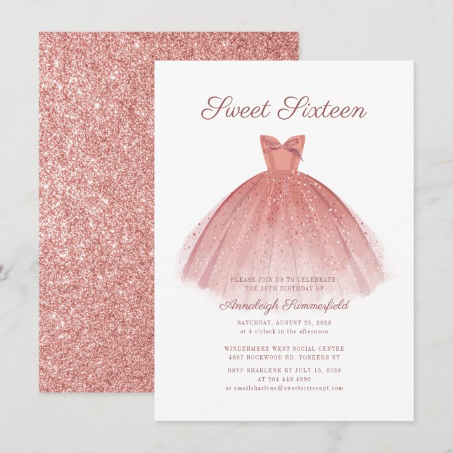 Sweet 16 Script Rose Gold Moderner Dress Glitzer Einladung (Vorne/Hinten)