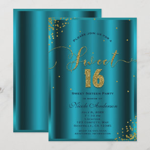 SWEET 16 Sechzehn Aqua Blau & Gold Konfetti Ecken Einladung