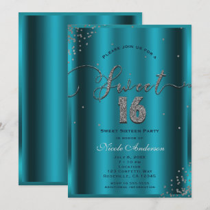 SWEET 16 Sechzehn Aqua Blau Silber Konfetti Ecken Einladung