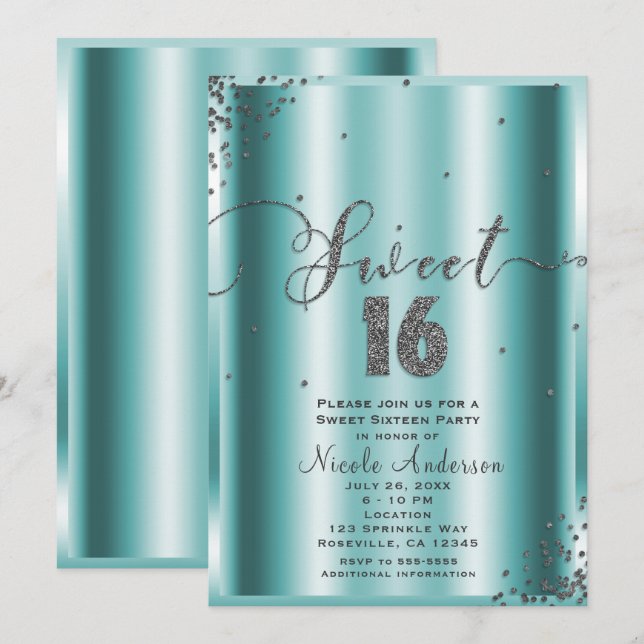 SWEET 16 Sechzehn Aqua & Silver Confetti Ecken Einladung (Vorne/Hinten)