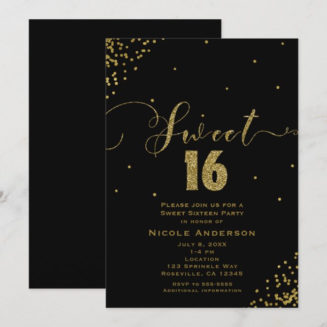 SWEET 16 Sechzehn Black & Gold Confetti Ecken Einladung (Vorne/Hinten)