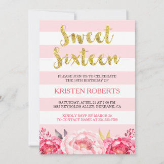 Sweet 16 (sechzehn) Blush Pink Bloral God Glitzer Einladung