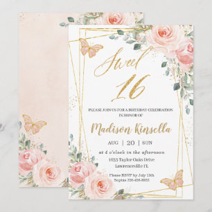 Sweet 16 Sechzehn Blush Pink Floral Schmetterlinge Einladung