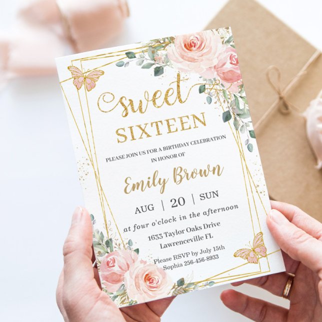 Sweet 16 Sechzehn Blush Pink Floral Schmetterlinge Einladung (Von Creator hochgeladen)
