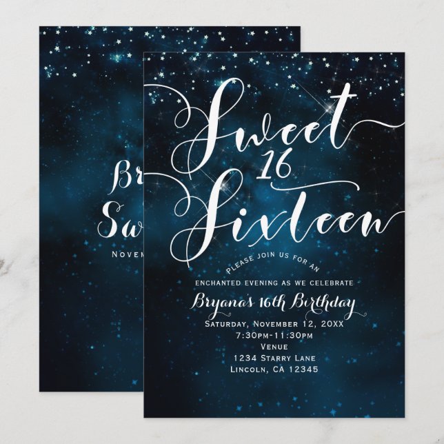 SWEET 16 Sechzehn Celestial Starry Blue Sky Party Einladung (Vorne/Hinten)