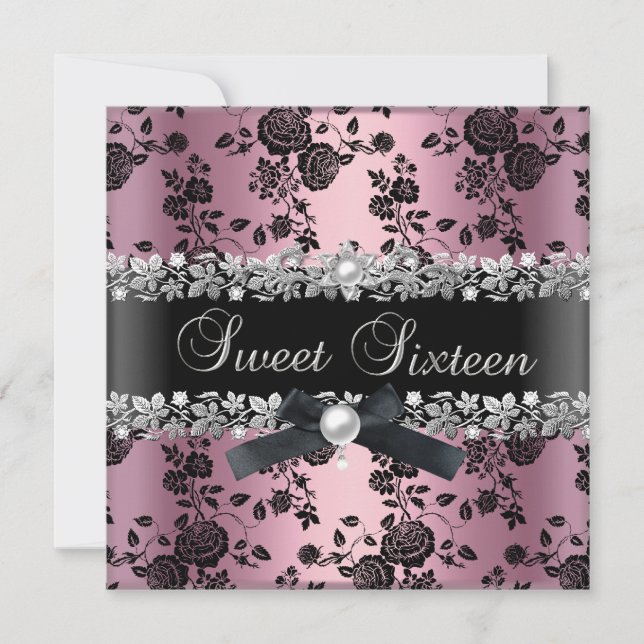 Sweet 16 Sechzehn Damaske Pink Schwarz Silber Blüt Einladung (Vorderseite)