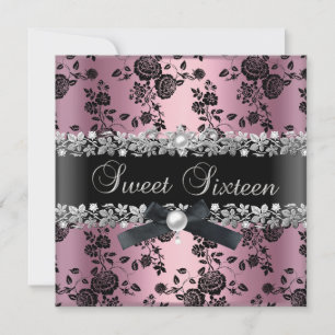 Sweet 16 Sechzehn Damaske Pink Schwarz Silber Blüt Einladung