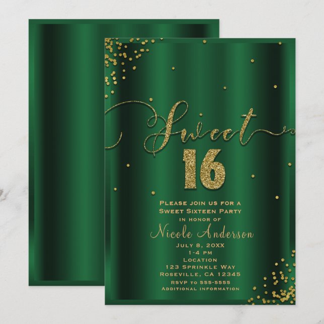 SWEET 16 Sechzehn Emerald & Gold Confetti Ecken Einladung (Vorne/Hinten)
