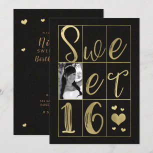 SWEET 16 SECHZEHN Gold- und schwarze Herzen Foto Einladung