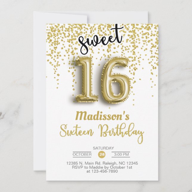 Sweet 16 sechzehn Goldballon Mädchen zum Geburtsta Einladung (Vorderseite)