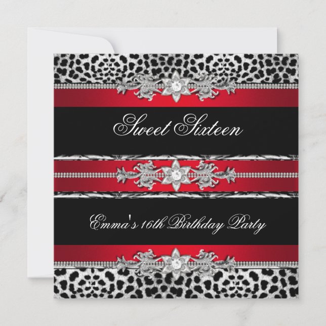 Sweet 16 Sechzehn Leopard Red Black Diamond 2 Einladung (Vorderseite)