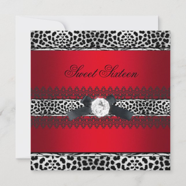 Sweet 16 Sechzehn Leopard Red Black Diamond Einladung (Vorderseite)