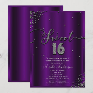 SWEET 16 Sechzehn lila und silberne Konfetti-Ecken Einladung