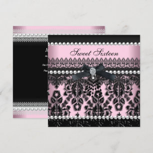 Sweet 16 Sechzehn Pink Black Pearl Lace Damask Einladung