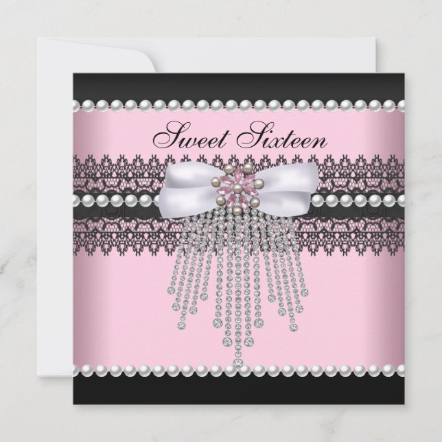 Sweet 16 Sechzehn Pink Black Pearl Lace Diamond Einladung (Vorderseite)