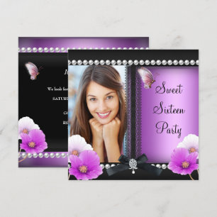 Sweet 16 Sechzehn Pink Lila Black Butterfly Einladung