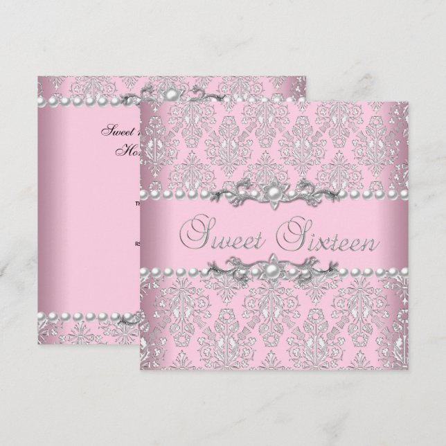 Sweet 16 Sechzehn Pink Silver White Pearl Lace Einladung (Vorne/Hinten)